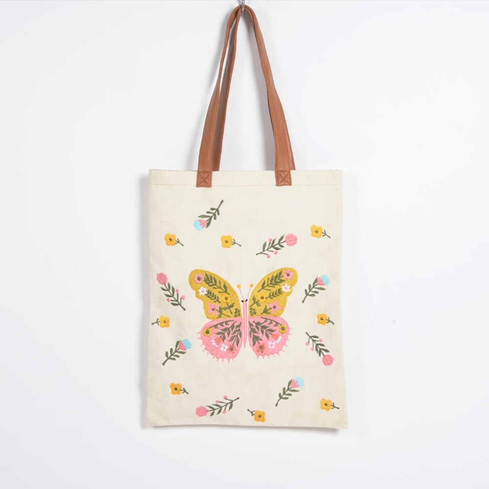Cute Butterfly Embroidered Cotton Tote